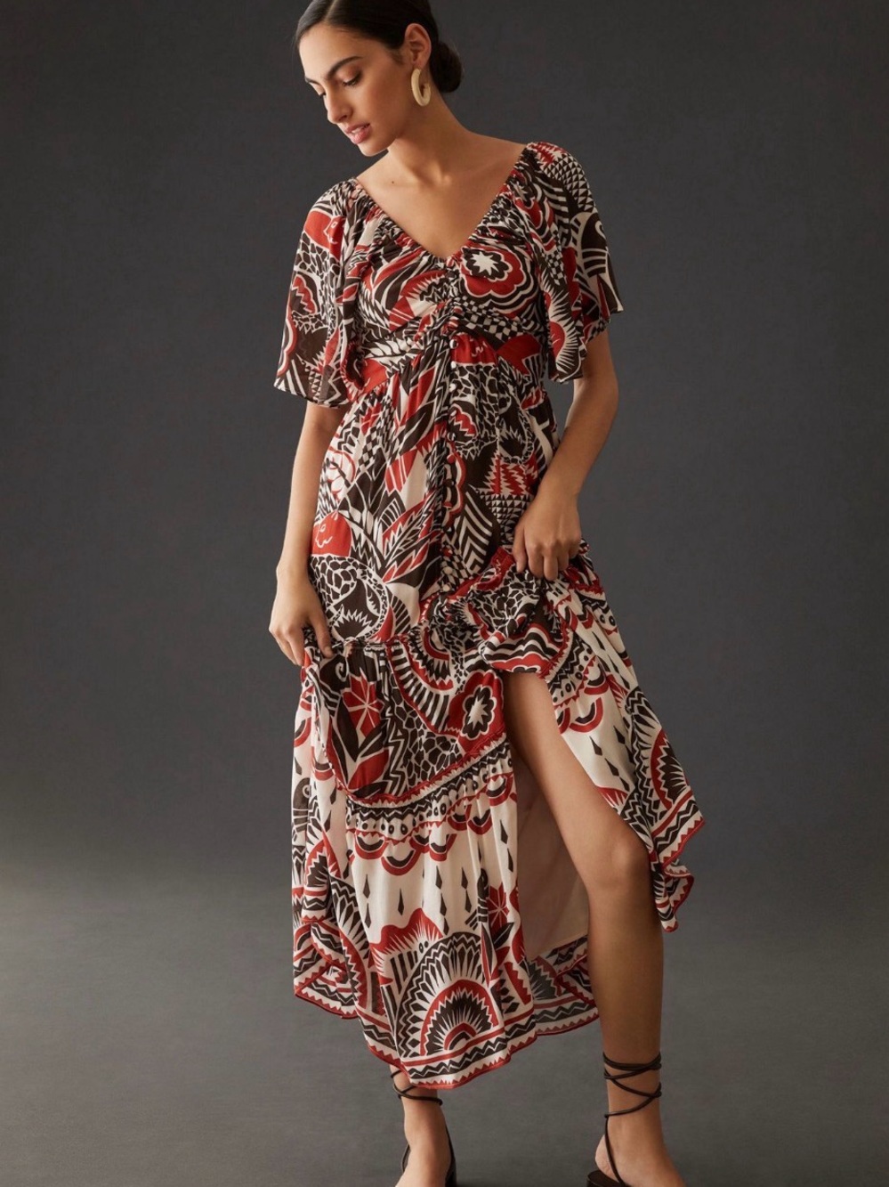 Anthropologie Red, Black & White Floral-Graphic Maxi Dress